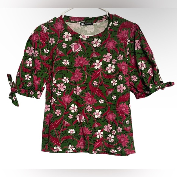 Zara blouse floral tie sleeve color:green/pink Size:S - Picture 1 of 8